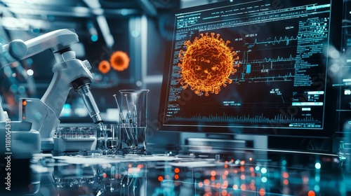 A cinematic view of a virus being analyzed in a cutting-edge lab, with detailed scientific instruments and glowing digital data