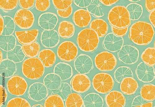 A seamless pattern of orange slices on a light green background