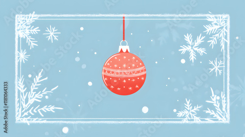 3D Illustration of Christmas Ball Icon with Holiday Decorations on Blue Background. photo