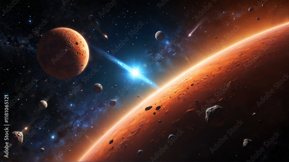 Obraz premium Asteroids soaring through the vastness of outer space, gracefully navigating the cosmic landscape dotted with distant planets