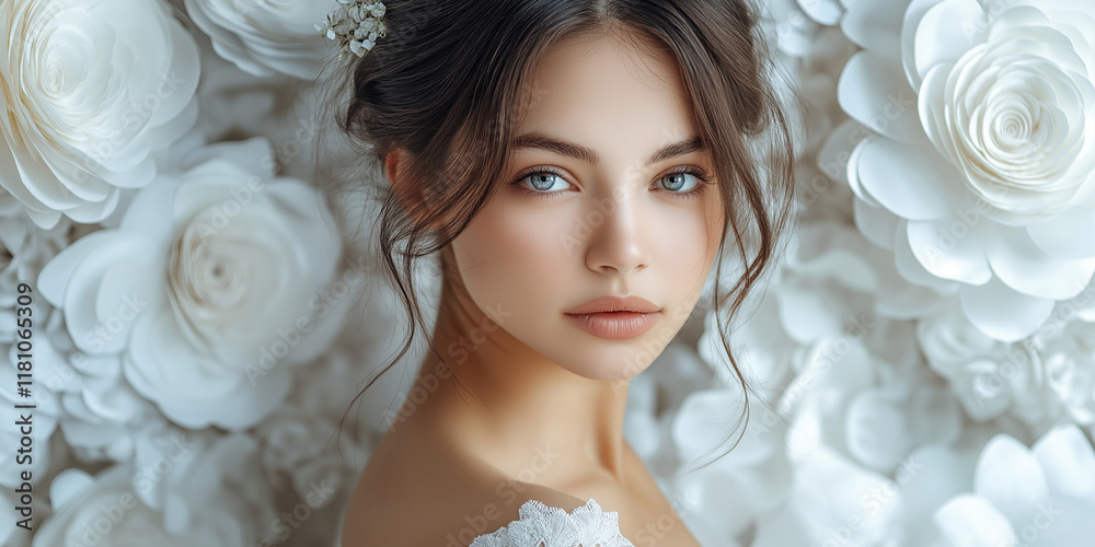 Naklejka premium Captivating portrait of a young bride surrounded by elegant floral decorations in a charming venue natural lighting romantic concept