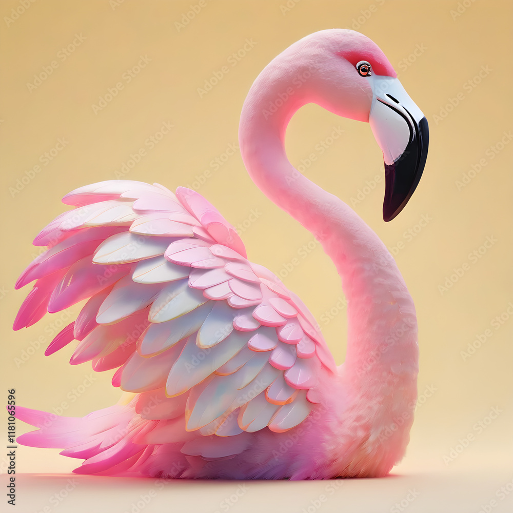 Fototapeta premium 3D flamingos with glowing, gradient pink feathers standing on a plain pastel yellow background, highly detailed.