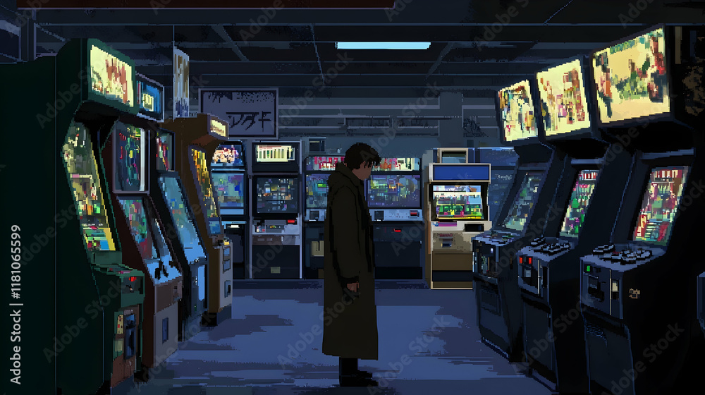 Naklejka premium Lonely Gamer in Retro Arcade at Night.