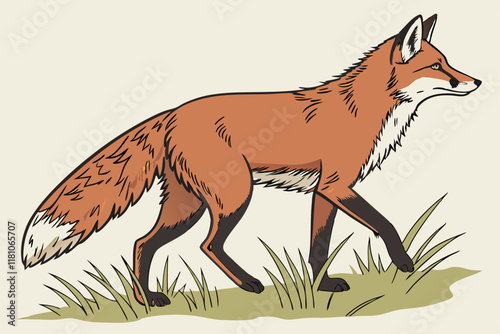 Red fox, side view, photorealistic, detailed fur texture, alert posture, bushy tail, pointed ears, white-tipped tail, forest animal, wildlife photography, natural lighting, studio backdrop, high resol