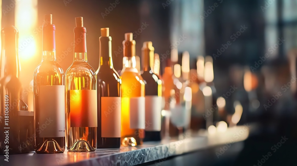 A vibrant display of assorted wine bottles illuminated by soft sunlight, showcasing rich colors and textures. A vibrant display of assorted wine bottles illuminated by soft sunlight, showcasing rich colors and textures.