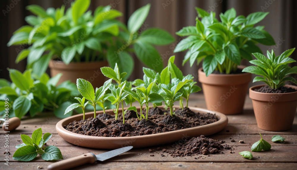 Herb planting workshop with small potted plants on rustic table, nurturing