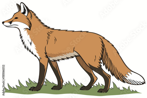 Red fox, side view, photorealistic, detailed fur texture, alert posture, bushy tail, pointed ears, white-tipped tail, forest animal, wildlife photography, natural lighting, studio backdrop, high resol