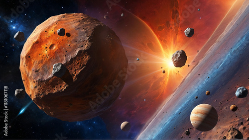 Asteroids soaring through the vastness of outer space, whirling past vibrant planets adorned with intricate textures and colors