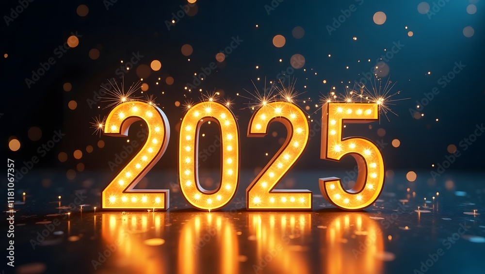 Golden 3D numbers 2025, New Year celebration, Fireworks display, Sparkling background. Golden 3D numbers 2025, New Year celebration, Fireworks display, Sparkling background.