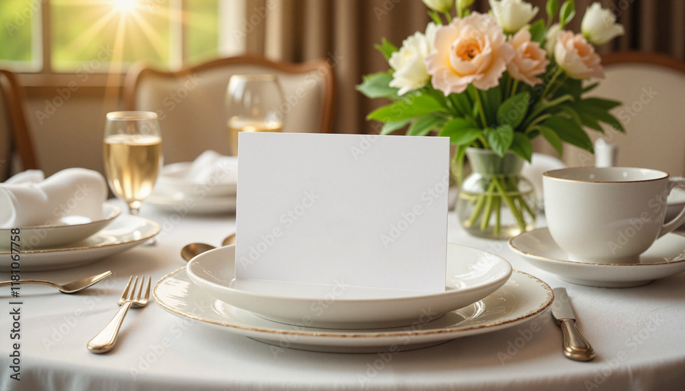 Elegant table setting with Mockup card in golden hour light, appreciation Elegant table setting with Mockup card in golden hour light, appreciation
