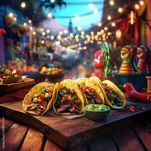 A rustic Mexican street food stall serving tacos filled with sizzling meat, fresh guacamole, spicy salsa, and bright vegetables, set against a lively market backdrop with colorful piñatas photo