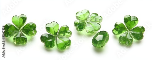 Four green clover gemstones and one oval-shaped gemstone on white background.