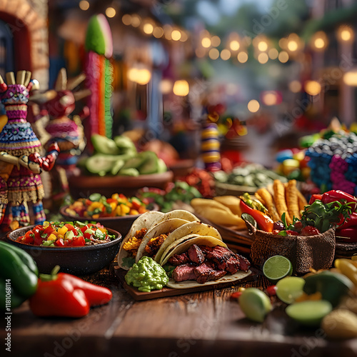 A rustic Mexican street food stall serving tacos filled with sizzling meat, fresh guacamole, spicy salsa, and bright vegetables, set against a lively market backdrop with colorful piñatas photo