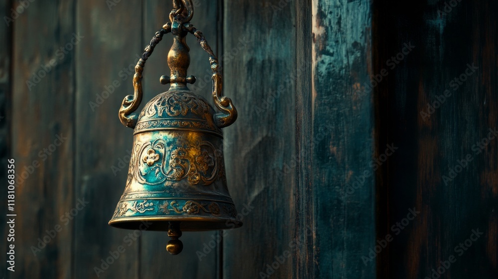 Fototapeta premium Ornate Brass Bell Hanging Against Dark Wooden Background