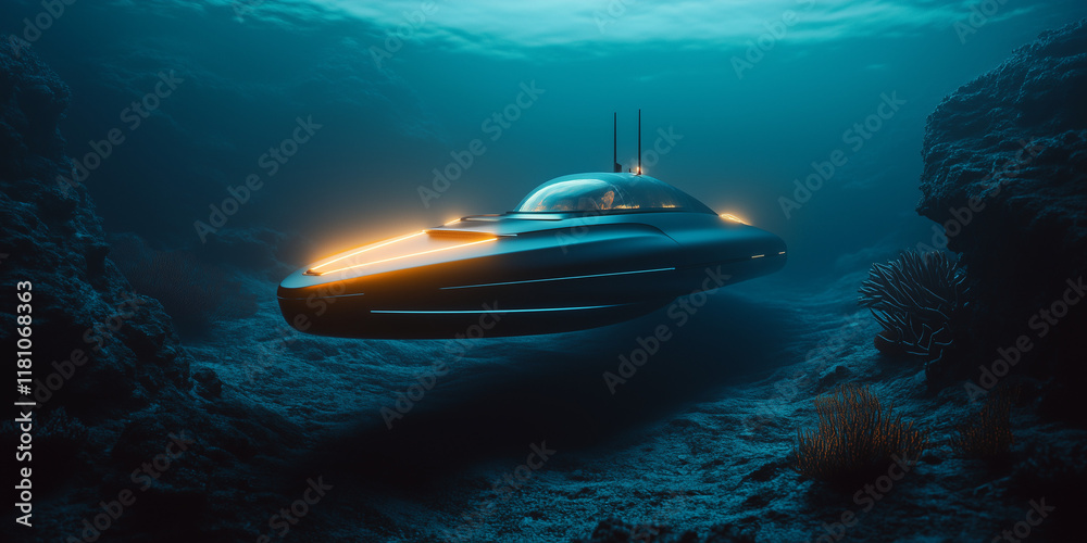 Fototapeta premium Futuristic Submarine Exploring the Deep Ocean