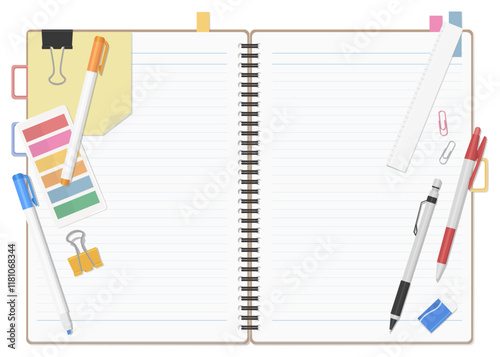 文房具とノートのセット、シンプルな罫線のリングノート、見開き