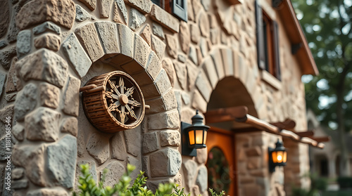 Close-up of a stone building's exterior, featuring a decorative wheel-like element inset into the stonework, arched entryways, and exterior lighting fixtures.  The stone is varied in color and texture photo