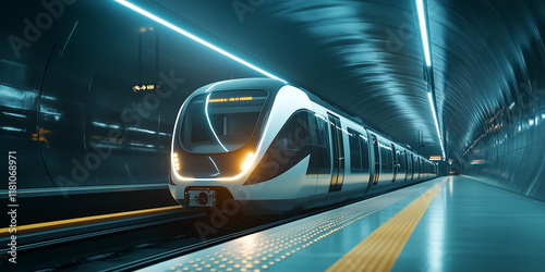 Modern Metro Train Arriving at a Futuristic Station