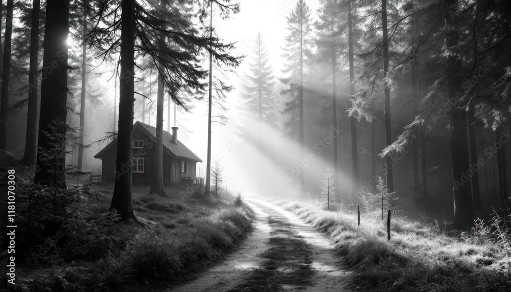 Fototapeta premium Enigmatic Cabin in a Misty Forest: A Black and White Landscape Photography