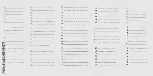 Collection of vector isolated outline hand drawn check to do list, bullet, check mark and check box in a doodle sketch cartoon style. Set of paper note with task plan.