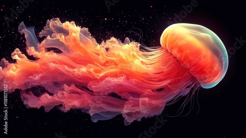 Luminous orange jellyfish with flowing tentacles against a dark background. photo