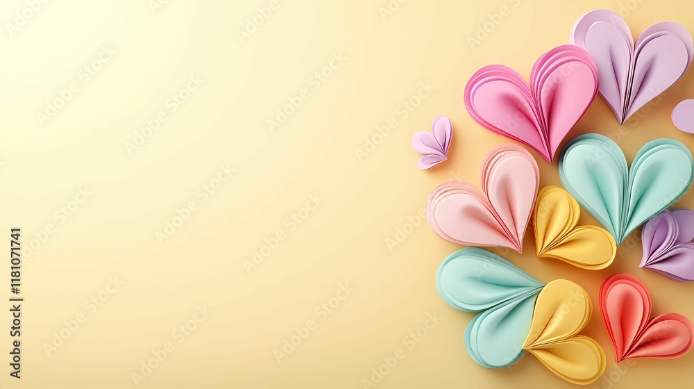 Obraz premium Colorful paper hearts arranged beautifully on a soft yellow background, conveying a sense of love and creativity.