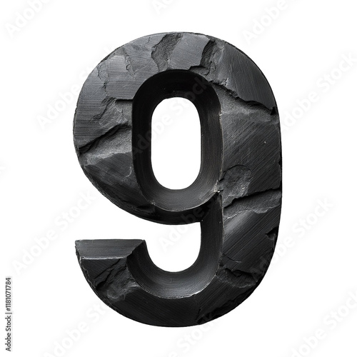 3D Black StoneTextured Number 9 Isolated on White Background, Cut Out photo