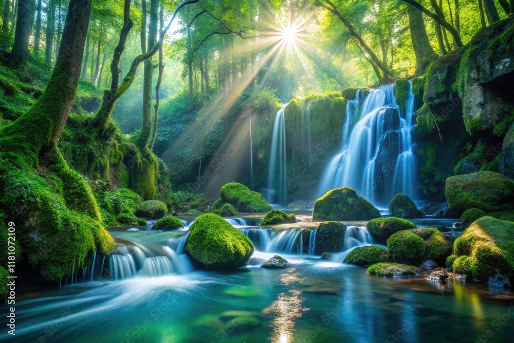 Mystical Forest Waterfall, Enchanted Glade, Sparkling Water, AI Generated Fantasy Landscape Photography Mystical Forest Waterfall, Enchanted Glade, Sparkling Water, AI Generated Fantasy Landscape Photography