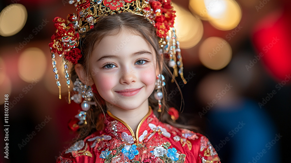 Portrait of a smiling girl in a traditional Chinese red dress and headdress. Portrait of a smiling girl in a traditional Chinese red dress and headdress.