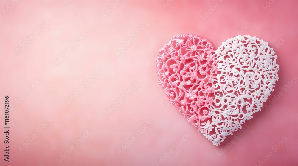 A beautifully crafted heart made of lace, featuring pink and white colors against a soft pink background, symbolizing love and affection. A beautifully crafted heart made of lace, featuring pink and white colors against a soft pink background, symbolizing love and affection.
