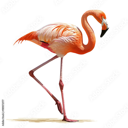 A watercolor illustration of a flamingo standing on one leg, isolated on a white background. Flamingo vector.
