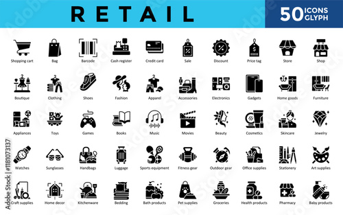 Retail icons set with shopping cart, bag, barcode, cash register, credit card, sale, discount, price tag, store, shop icon. Simple glyph vector 

