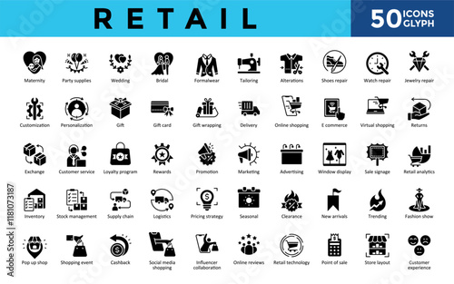 Retail icons set with maternity, party supplies, wedding, bridal, formalwear ,tailoring, alterations, shoes repair, watch repair icon. Simple glyph vector 
