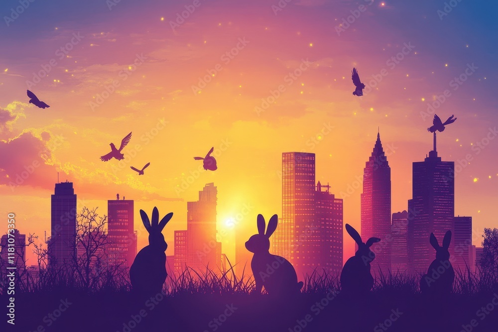 Fototapeta premium Silhouetted rabbits and birds at sunset over a city skyline