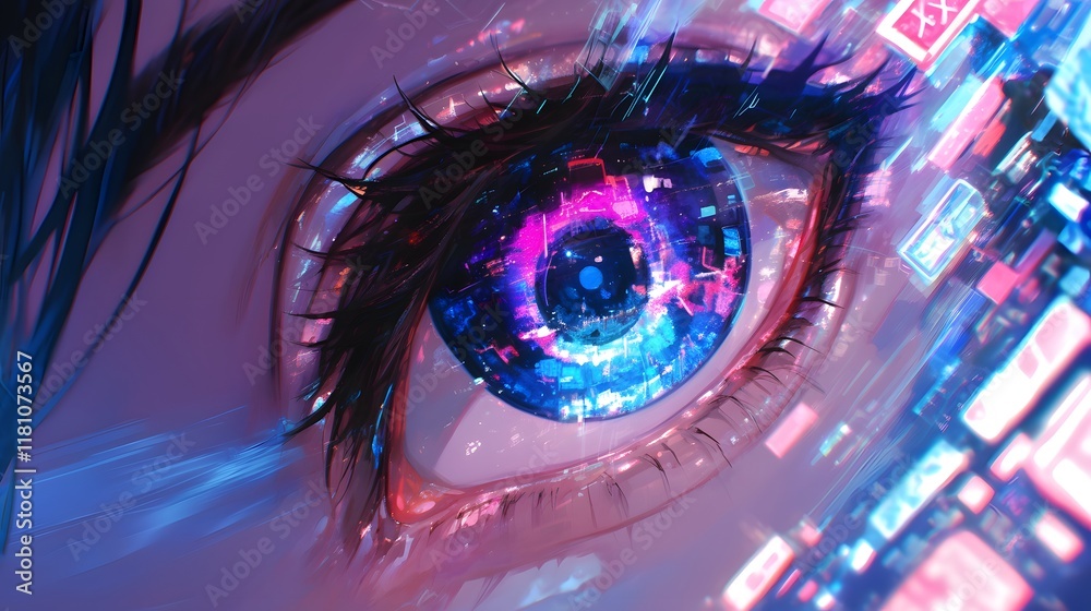 Close-up of eyes reflecting neon signs and city lights, with hints of hidden emotions and curiosity