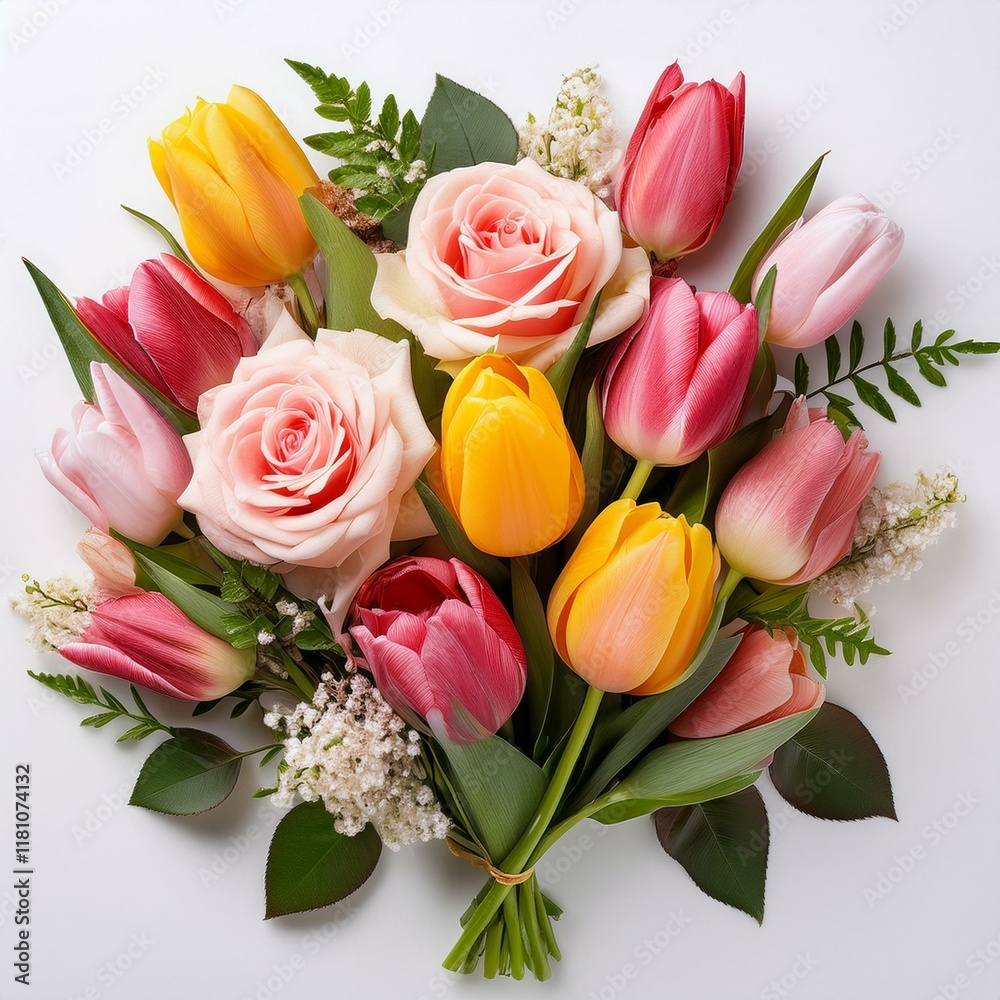 A Colorful Bouquet: Tulips and Roses Surrounded by Green Leaves
A Colorful Bouquet: Tulips and Roses Surrounded by Green Leaves