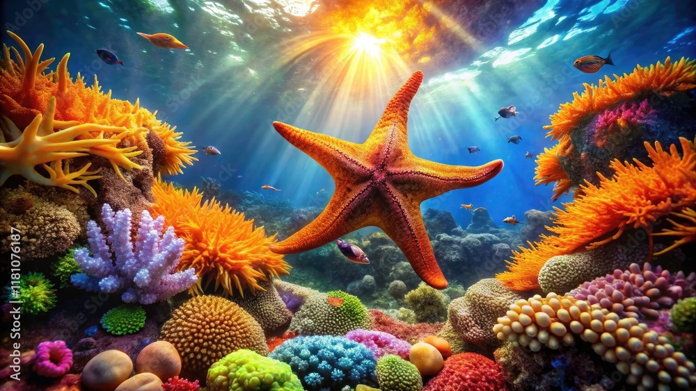 Orange Starfish on Vibrant Coral Reef - Underwater Beauty of Marine Life, Colorful Sea Creatures, Coral Ecosystem, Ocean Exploration, Nature Photography, Tropical Waters Orange Starfish on Vibrant Coral Reef - Underwater Beauty of Marine Life, Colorful Sea Creatures, Coral Ecosystem, Ocean Exploration, Nature Photography, Tropical Waters