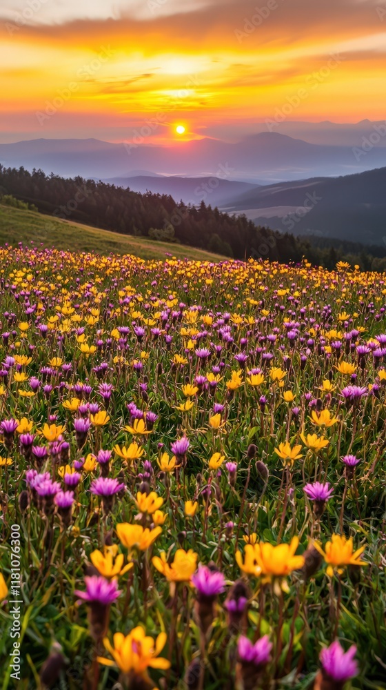 Obraz premium A picturesque landscape featuring a vibrant field of flowers under a stunning sunset, with mountains and a serene sky in the background.