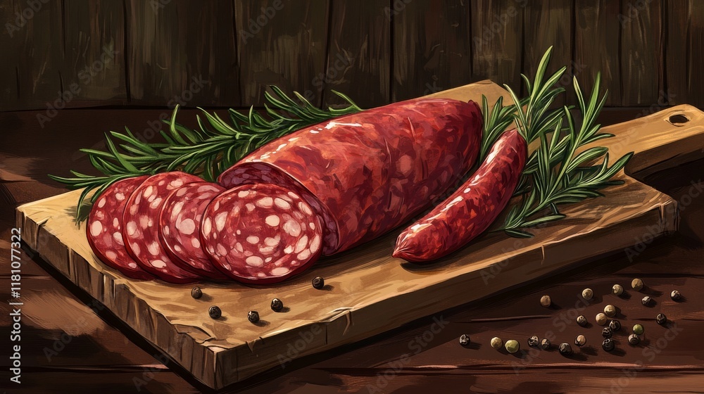 Spicy Salami Slices Arranged on Rustic Wooden Board with Rosemary and Peppercorns Spicy Salami Slices Arranged on Rustic Wooden Board with Rosemary and Peppercorns