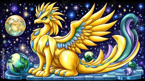 Golden celestial creature, a mythical dragon-like being, sits amidst planets and stars in the cosmos. photo