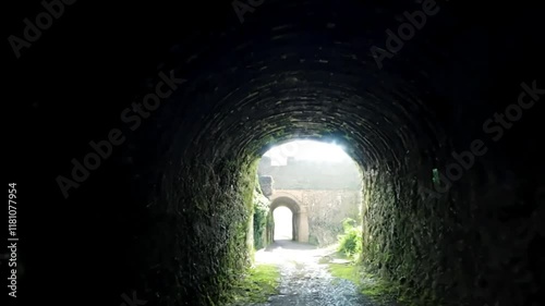 Enclosed Stone Archway Covered in Moss and Lush Greenery