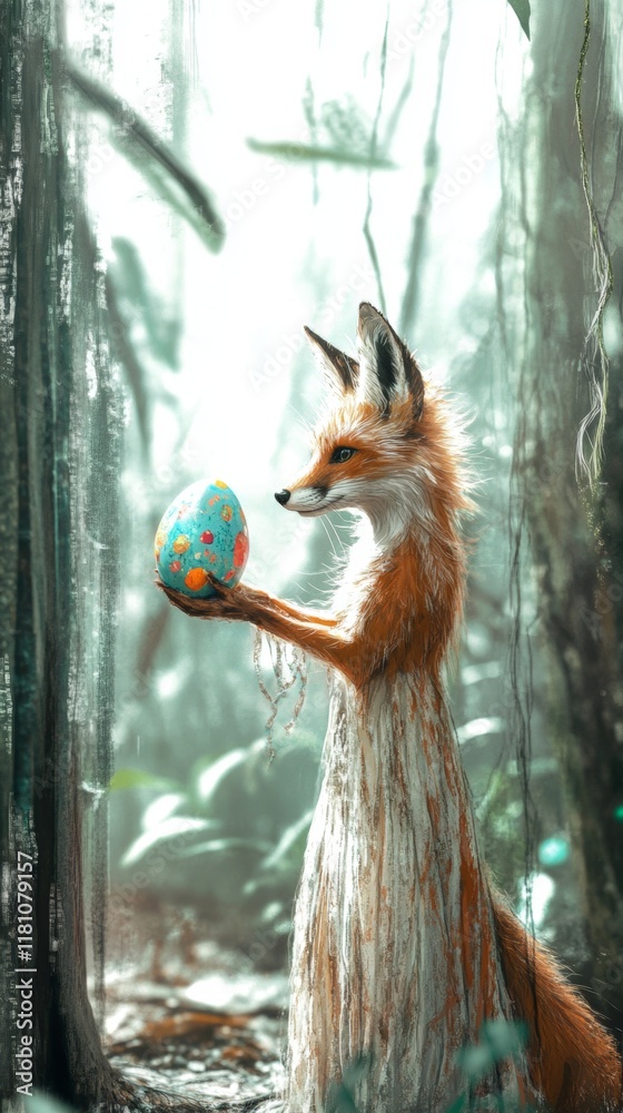 Obraz premium Curious fox exploring a colorful Easter egg in a serene forest clearing during soft, gentle lighting