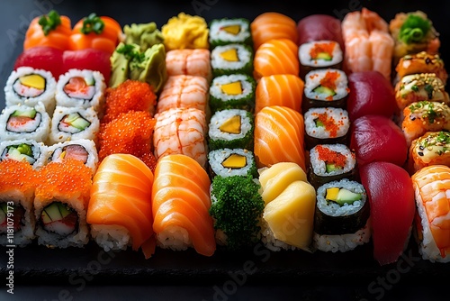 Assorted Sushi Platter Featuring Various Rolls and Nigiri photo