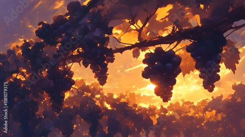 Close-up of ripe grapes on vines, surrounded by the rich hues of a sunset, embodying the essence of winemaking and natures bounty photo