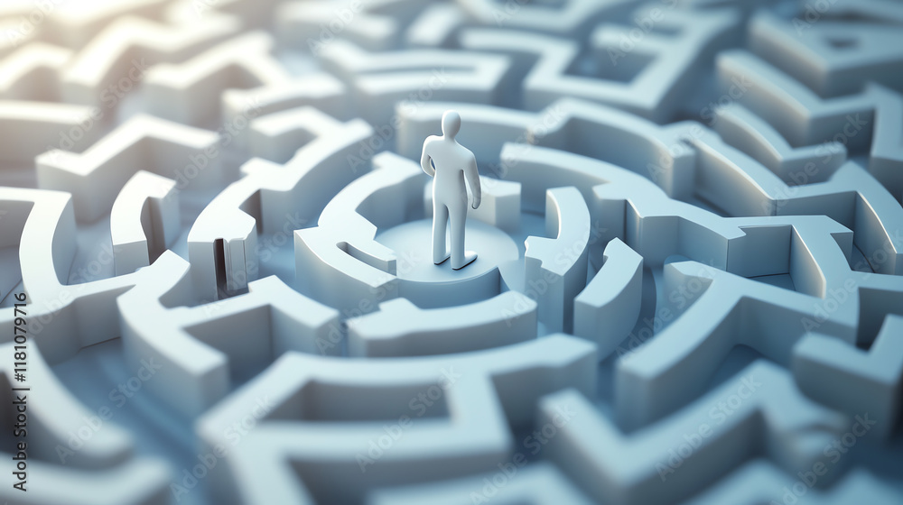 Human figure in center of white maze. Represents problem-solving challenges and finding path through complexity. Human figure in center of white maze. Represents problem-solving challenges and finding path through complexity.