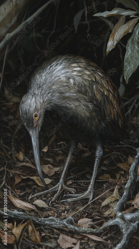 Obraz premium kiwi bird forages in dark forest, showcasing its unique nocturnal features