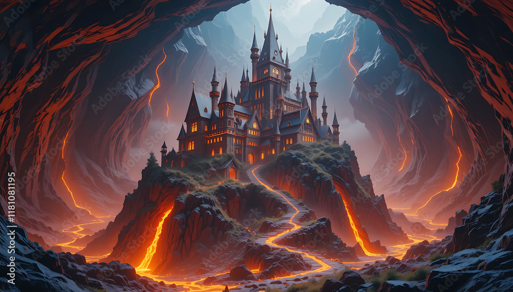 Magnificent Gothic Castle Surrounded by Lava Streams in a Rocky Cavern. Magnificent Gothic Castle Surrounded by Lava Streams in a Rocky Cavern.