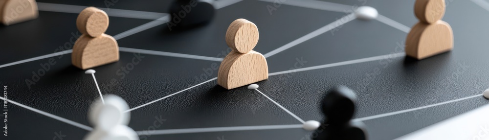 A close-up view of wooden figures connected by lines on a dark surface, symbolizing networking or social connections. A close-up view of wooden figures connected by lines on a dark surface, symbolizing networking or social connections.