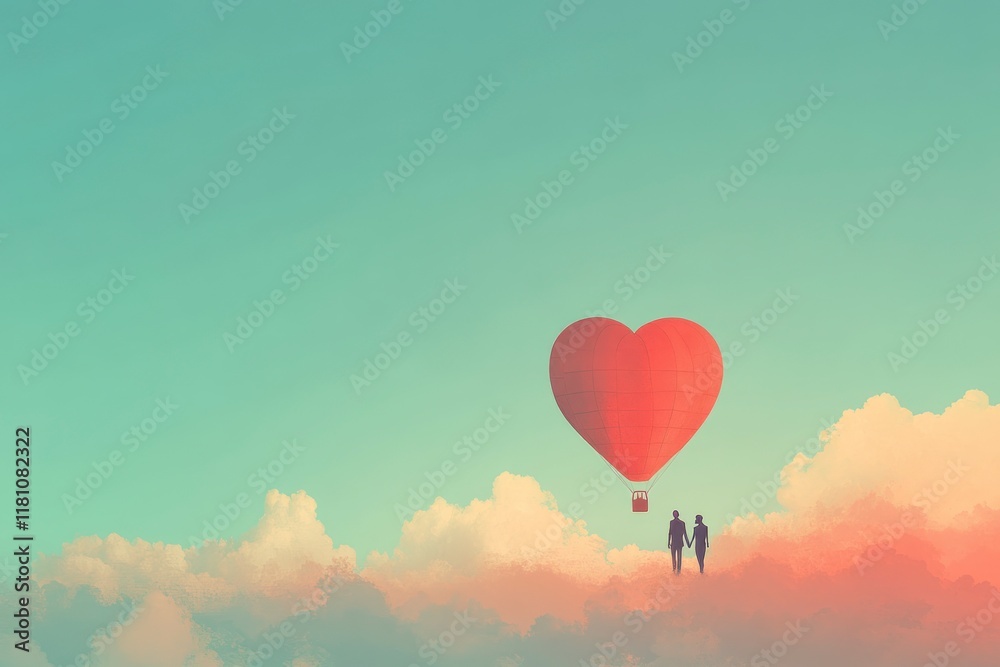 Obraz premium Romantic Hot Air Balloon in the Shape of a Heart with Silhouetted Couple Against a Soft Gradient Sky Background for Valentine’s Day Celebrations and Symbolizing Love
