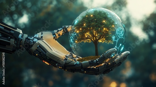 A robotic hand holding a globe with a tree, illuminated by environment icons, representing the harmony of artificial intelligence and environmental sustainability